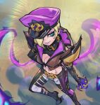  1girl black_footwear black_headwear black_pants blonde_hair breasts cleavage evelynn_(league_of_legends) high_heels large_breasts league_of_legends looking_at_viewer mole mole_under_eye multicolored_background navel official_alternate_costume pants phantom_ix_row pink_headwear pink_lips short_hair smile solo soul_fighter_evelynn stomach tentacles white_pants 