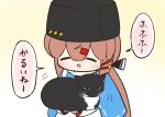  1girl animal black_bow black_headwear bow brown_hair cat closed_eyes commentary fur_hat hair_ornament hairclip hat holding holding_animal holding_cat kantai_collection light_blush long_hair long_sleeves motion_lines papakha scarf smile star_(symbol) tashkent_(kancolle) translated upper_body very_long_hair white_scarf yuasa_makoto 