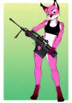  4_toes amber_eyes anonymous_artist anthro barefoot bra claws clothing dipstick_ears feet felid feline felis female gm6_lynx gun hi_res holding_gun holding_object holding_rifle holding_weapon leg_markings lynx mammal markings multicolored_body multicolored_ears pose ranged_weapon rifle simple_background sniper_rifle socks_(marking) solo sports_bra spots toe_claws toes underwear weapon 