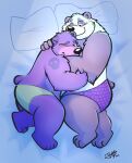  2023 4_toes anthro bear bed biped blush clothing duo embrace feet furniture giant_panda hi_res hug jakegr lying male mammal one_eye_closed overweight overweight_male pillow toes underwear 