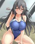  1girl black_hair black_one-piece_swimsuit blue_one-piece_swimsuit breasts brown_eyes competition_swimsuit covered_navel dated hair_ornament hairclip haruna_(kancolle) highleg highleg_swimsuit highres impossible_clothes impossible_swimsuit kantai_collection large_breasts long_hair montemasa multicolored_clothes multicolored_swimsuit one-hour_drawing_challenge one-piece_swimsuit rei_no_pool solo squatting swimsuit twitter_username two-tone_swimsuit 