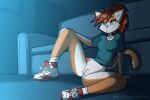  amber_(bluecoffeedog) anthro blue_eyes bluecoffeedog bottomless breasts clothed clothing domestic_cat felid feline felis female footwear furniture genitals hair mammal orange_hair partially_clothed ponytail pussy shirt shoes sitting sneakers sofa solo t-shirt topwear 