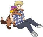 2012 aliasing alpha_channel ambiguous_gender baseball_cap blonde_hair blue_clothing blue_eyes blue_shirt blue_topwear bluekyokitty bottomwear brown_body brown_fur brown_nose canid canine canis clothing digital_drawing_(artwork) digital_media_(artwork) digitigrade domestic_dog embrace eyes_closed feral flat_colors footwear fur grey_bottomwear grey_clothing grey_pants hair hat head_tuft headgear headwear hug hugging_from_behind human looking_at_another low_res male mammal pants pattern_clothing pattern_shirt pattern_topwear paws plaid plaid_clothing plaid_shirt plaid_topwear sebdoggo shirt shoes sideways_baseball_cap simple_background sitting smile sneakers tail topwear transparent_background tuft white_clothing white_footwear white_shoes 