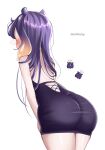  1girl absurdres artist_name ass back bare_arms bare_shoulders black_dress blush cowboy_shot dress facing_away from_behind goldfishy hair_ears hand_on_own_leg highres hololive leaning_forward long_hair multicolored_hair ninomae_ina&#039;nis purple_hair see-through see-through_dress short_dress sidelocks simple_background solo straight_hair takodachi_(ninomae_ina&#039;nis) virtual_youtuber white_background 