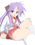  1girl =3 absurdres blush bow brown_bow cynical_(llcbluckg_c004) dot_nose double_horizontal_stripe feet_out_of_frame hair_ribbon half-closed_eyes hand_on_own_knee highres hiiragi_kagami kyoto_animation long_hair long_sleeves lucky_star midriff_peek miniskirt navel neckerchief open_mouth pink_neckerchief purple_eyes purple_hair ribbon ryouou_school_uniform school_uniform serafuku sigh skirt solo thick_thighs thighs tsurime twintails visible_air white_background 