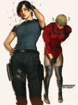  1boy 1girl ada_wong belt black_belt black_gloves black_hair black_pants blush boots braid brown_hair closed_eyes clothes_pull cosplay costume_switch dress dress_pull gloves grey_background hand_on_own_hip highres holster large_pectorals leon_s._kennedy muscular muscular_male pants pectorals red_dress resident_evil resident_evil_4 resident_evil_4_(remake) short_hair shoulder_holster simple_background thigh_boots thigh_holster twin_braids umikochannart 