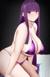  1girl arind_yudha bikini black_background blush breasts cleavage fern_(sousou_no_frieren) from_side highres large_breasts looking_at_viewer looking_to_the_side navel purple_bikini purple_eyes purple_hair simple_background solo sousou_no_frieren swimsuit thighs 
