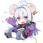  1girl animal_ears asymmetrical_legwear black_socks black_thighhighs blue_archive blue_shorts blush ear_tag full_body grey_hair halo highres hufy jacket kneehighs long_hair mismatched_legwear mouse_ears mouse_tail navel open_clothes open_fly open_jacket open_mouth purple_jacket red_eyes saya_(blue_archive) shorts simple_background single_kneehigh single_sock single_thighhigh smile socks solo tail thighhighs white_background 