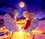  2girls :/ ascot back_cutout bat_wings blush clothing_cutout cloud cloudy_sky collared_shirt commentary_request crystal dress flandre_scarlet full_moon hat high_heels looking_at_viewer looking_back mob_cap moon multicolored_wings multiple_girls night night_sky no_socks petticoat pink_dress pink_headwear puffy_short_sleeves puffy_sleeves red_ascot red_eyes red_footwear red_ribbon red_skirt red_vest remilia_scarlet ribbon ripples sakizaki_saki-p shirt short_hair short_sleeves siblings side_ponytail sisters skirt sky standing standing_on_liquid star_(sky) starry_sky touhou vest water white_headwear white_shirt wing_collar wings wrist_cuffs 