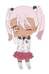  1girl chibi chloe_von_einzbern commentary_request dark-skinned_female dark_skin fate/kaleid_liner_prisma_illya fate_(series) full_body hair_between_eyes jacket long_hair long_sleeves lowres miniskirt no_nose official_art one_eye_closed pink_hair red_skirt simple_background skirt solo standing thighhighs tongue tongue_out twintails white_background white_jacket white_thighhighs zettai_ryouiki 