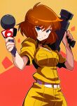  1girl animification april_o&#039;neil belt blue_eyes breasts brown_hair camera cleavage grin highres holding holding_camera holding_microphone jumpsuit light_blush looking_at_viewer medium_breasts microphone orange_background polka_dot polka_dot_background reporter sakurajyousui_nami short_hair short_sleeves smile solo teenage_mutant_ninja_turtles teenage_mutant_ninja_turtles_(80s) tv_camera white_belt yellow_jumpsuit 