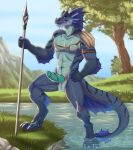  absurd_res anthro balls blue_body dragon erection genitals grass_field grin hi_res kaitoharo99 levi_(seline) looking_at_viewer male melee_weapon penis pinup polearm pose riverbank shoulder_pads smile solo spear tribal water weapon 