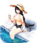  1girl bai_winchester bare_shoulders bikini black_hair black_shorts breasts cleavage closed_mouth closers collarbone drawstring flower food halterneck hat hat_flower heterochromia highres holding holding_food ice_cream ice_cream_cone jacket large_breasts long_hair looking_at_viewer multi-strapped_bikini navel off_shoulder official_art open_clothes open_jacket orange_bikini pink_eyes poolside purple_eyes short_shorts shorts sitting smile soaking_feet solo stomach straw_hat string_bikini swimsuit thighs very_long_hair water white_jacket 