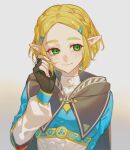  1girl blonde_hair braid closed_mouth crown_braid fingerless_gloves gloves green_eyes hair_ornament hairclip highres itou_(very_ito) long_sleeves looking_to_the_side official_alternate_costume official_alternate_hair_length official_alternate_hairstyle parted_bangs pointy_ears portrait princess_zelda short_hair sidelocks simple_background smile solo the_legend_of_zelda the_legend_of_zelda:_tears_of_the_kingdom upper_body 