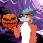  anderfox anthro canid canine food fox fruit furry halloween holidays invalid_tag male male/male mammal open_mouth plant pumpkin red_fox rous_fox_(artist) smile solo tail 