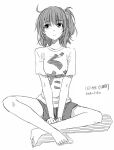  1girl :&lt; alternate_costume barefoot casual closed_mouth fate/grand_order fate_(series) fujimaru_ritsuka_(female) full_body greyscale hako_roku looking_up monochrome one_side_up shirt short_hair short_sleeves shorts sketch solo t-shirt 