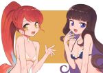  2girls :d blue_bra blue_eyes blush bra breasts brown_hair cleavage fang hand_to_own_face kurosu_aroma long_hair looking_at_viewer multiple_girls open_mouth ponytail pretty_series pripara pushuun red_hair shiratama_mikan simple_background smile underwear underwear_only yellow_eyes 