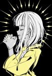  1girl :d black_background blunt_bangs bracelet closed_eyes danganronpa_(series) danganronpa_v3:_killing_harmony from_side highres hood hood_down hooded_jacket jacket jewelry long_hair own_hands_clasped own_hands_together praying profile satori_(aosky9077) simple_background smile solo teeth upper_teeth_only white_hair yellow_jacket yonaga_angie 