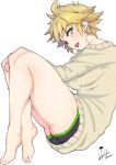  1girl @_@ avatar_2.0_project bare_legs bare_shoulders barefoot black_shorts blonde_hair blush breasts crossed_legs dated ear_piercing eyelashes fang feet from_above green_eyes highres hori_shin knees_up kujo_lychee legs lying medium_breasts off-shoulder_shirt off_shoulder on_side open_mouth own_hands_together piercing shirt short_hair short_shorts shorts signature simple_background solo sweater thighs toes white_background 