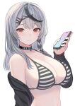  1girl bare_shoulders bikini black_bikini black_choker black_jacket braid breasts cellphone choker cleavage closed_mouth enumiyaa grey_hair hair_ornament hairclip halterneck hand_up highres holding holding_phone hololive jacket large_breasts long_hair long_sleeves looking_at_viewer multicolored_hair navel off_shoulder open_clothes open_jacket phone red_eyes sakamata_chloe simple_background smartphone smile solo stomach streaked_hair string_bikini striped striped_bikini swimsuit upper_body virtual_youtuber white_background x_hair_ornament 