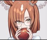  1girl animal_ears apple brown_hair commentary covering_mouth food fruit glasses green_eyes haniwa_(8241427) holding holding_food holding_fruit horse_ears horse_girl ikuno_dictus_(umamusume) looking_at_viewer multicolored_hair round_eyewear short_hair simple_background solo streaked_hair symbol-only_commentary umamusume upper_body white_background white_hair 