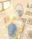  bubble character_print commentary_request day faucet highres light_rays mian_(user_kwcj2833) mirror no_humans piplup plant pokemon pokemon_(creature) potted_plant reflection shelf sink solo standing stool towel towel_rack washing_face washing_machine window 