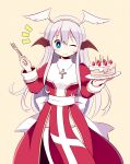  1girl bat_wings birthday_cake blush bow breasts bright_pupils brown_background brown_wings cake candle closed_mouth commentary_request cowboy_shot cross cross_necklace doridori dress fake_wings food fork fruit grey_hair hair_between_eyes hairband head_wings high_priest_(ragnarok_online) holding holding_fork jewelry juliet_sleeves long_hair long_sleeves looking_at_viewer medium_bangs necklace notice_lines one_eye_closed puffy_sleeves ragnarok_online red_dress sash simple_background small_breasts smile solo strawberry thighhighs two-tone_dress very_long_hair white_bow white_dress white_pupils white_sash white_thighhighs wings yellow_hairband 