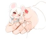  1girl 1other animal_ears dress ear_tag hyanna-natsu in_palm long_hair mini_person minigirl mouse_ears mouse_girl mouse_tail nuzzle one_eye_closed original red_eyes size_difference smile sundress tail white_dress white_hair 