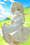  1girl ;d bare_shoulders blonde_hair blue_sky braid cloud collarbone commentary_request day detached_sleeves dress grass green_eyes hair_intakes highres horizon long_hair looking_at_viewer ocean one_eye_closed original outdoors puffy_short_sleeves puffy_sleeves short_sleeves single_braid skirt_hold sky sleeveless sleeveless_dress smile solo standing very_long_hair waka_(yuuhagi_(amaretto-no-natsu)) water white_dress white_sleeves yuuhagi_(amaretto-no-natsu) 
