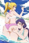  2girls absurdres artist_name ass ass_grab ayase_eli bikini blonde_hair blue_eyes blush box_wonderland breasts cloud commission green_bikini green_eyes highres love_live! love_live!_school_idol_project multiple_girls naughty_face pink_bikini ponytail purple_hair purple_scrunchie scrunchie swimsuit toujou_nozomi white_scrunchie yuri 