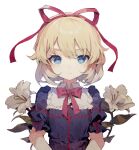  1girl black_shirt blonde_hair blue_eyes closed_mouth collared_shirt flower frilled_sleeves frills hair_between_eyes hair_ribbon highres looking_at_viewer medicine_melancholy red_ribbon ribbon sato_imo shirt short_hair short_sleeves simple_background solo touhou upper_body white_background white_flower 