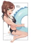  1girl absurdres barefoot bikini black_bikini breasts brown_eyes brown_hair cleavage commentary_request feet hair_bun halterneck highres innertube kotobuki_hisako large_breasts long_hair looking_at_viewer muchi_maro seitokai_nimo_anawa_aru! side-tie_bikini_bottom side_ponytail solo string_bikini swimsuit translation_request wet white_background 