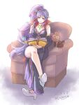  1girl armchair book byakkos chair fire_emblem fire_emblem:_genealogy_of_the_holy_war fire_emblem_heroes flower hair_flower hair_ornament highres ishtar_(fire_emblem) jewelry long_hair necklace purple_eyes purple_hair signature stuffed_animal stuffed_toy teddy_bear 