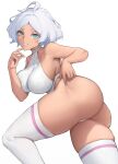 1girl absurdres aqua_eyes ass breast_press breasts commentary_request cowlick dark-skinned_female dark_skin finger_to_own_chin grey_hair gundam gundam_suisei_no_majo halterneck highleg highleg_leotard highres large_breasts leotard looking_at_viewer parted_lips secelia_dote short_hair smile solo thighhighs thighs white_background white_leotard white_nails white_thighhighs wizast 