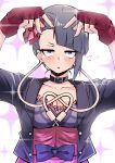  1girl absurdres black_eyes black_hair black_jacket blush boku_no_hero_academia breasts cleavage collar double_v dress fingerless_gloves gloves hands_up highres jacket jirou_kyouka looking_at_viewer purple_dress red_gloves shinonome_mozuku short_hair single_sidelock solo v 