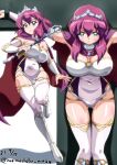  1girl blue_eyes boots breasts collar covered_navel crown dated henrietta_de_tristain holding holding_staff large_breasts leotard long_hair looking_at_viewer multiple_views nafta open_mouth purple_hair restrained solo staff thighhighs white_thighhighs zero_no_tsukaima 