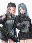  2girls absurdres beanie black_headwear black_jacket blue_eyes blue_hair closed_eyes commentary_request computer cowboy_shot girls&#039;_frontline gloves grey_background grey_gloves grey_hoodie grin hat headphones headphones_around_neck highres holding_another&#039;s_arm holding_laptop hood hoodie jacket laptop lithographica long_hair mk_153_(girls&#039;_frontline) multiple_girls pink_hair rocket_launcher simple_background sling smile v weapon 