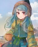  1girl adapted_costume blue_hair cup day green_headwear green_skirt green_vest haniyasushin_keiki hat highres holding holding_cup long_hair long_sleeves mongolian_clothes mozukuzu_(manukedori) outdoors red_eyes shirt skirt solo touhou vest yellow_shirt 