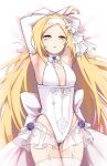  1girl absurdres alternate_costume armpits arms_up blonde_hair breasts bridal_garter bridal_gauntlets bride counter:side flower hair_flower hair_ornament highres laura_beatrix long_hair looking_at_viewer lying official_alternate_costume small_breasts solo yellow_eyes zanlyu 