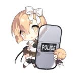  2girls :d armor_fairy_(girls&#039;_frontline) black_bag blonde_hair blush blush_stickers bow brown_dress brown_footwear brown_sailor_collar brown_skirt chibi dress elbow_pads eyes_visible_through_hair fairy_(girls&#039;_frontline) girls&#039;_frontline gloves hair_between_eyes hair_bow hair_over_eyes holding holding_shield knee_pads looking_at_viewer multiple_girls official_art open_mouth pouch riot_shield sailor_collar saru shield shirt short_hair short_sleeves simple_background skirt slit_pupils smile standing suspender_skirt suspenders thighhighs third-party_source transparent_background white_bow white_shirt white_thighhighs yellow_eyes 