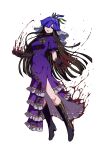  1girl black_footwear black_gloves black_hair boots china_dress chinese_clothes dress flower flower_on_head food_print fruit_print gloves grape_print knee_boots layered_dress long_hair open_mouth purple_dress purple_eyes purple_flower shishi_osamu short_sleeves simple_background smile solo touhou vine_print white_background yomotsu_hisami 