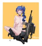  1girl absurdres artist_name assault_rifle belt_boots black_footwear blue_gloves blue_hair blush bolt_action boots bottomless breasts bullpup choker clitoris_slip collarbone daewoo_k11 earrings gen_uma_mai girls&#039;_frontline gloves grenade_launcher gun highres indian_style jewelry k11_(girls&#039;_frontline) leather_choker long_hair messy_hair navel nipples nude one_eye_closed open_mouth orange_background pussy pussy_peek red_eyes rifle scope side_ponytail single_earring sitting smile teeth two-tone_background two-tone_gloves upper_teeth_only weapon white_background yellow_gloves 