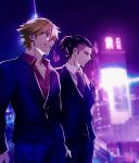  2boys black_hair black_jacket black_pants brown_hair buddy_daddies city city_lights cityscape cowboy_shot formal from_side hair_between_eyes high_ponytail highres jacket kmrbd5118 kurusu_kazuki male_focus multiple_boys necktie neon_lights night night_sky open_clothes outdoors pants ponytail shirt short_hair sky smile standing suit suwa_rei teeth undercut v-shaped_eyebrows 