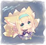  1girl :o animal_ears arknights black_gloves blonde_hair braid braided_hair_rings character_name chibi commentary_request dated dress finger_to_mouth fox_ears fox_girl fox_tail from_above gloves green_eyes hair_rings keluy kitsune kyuubi multiple_tails parted_lips purple_dress single_glove single_wrist_cuff solo suzuran_(arknights) tail wrist_cuffs 