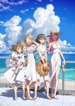  4girls ^_^ barefoot bidulgi blue_sky breasts cleavage closed_eyes cloud dress floating_hair handa_roco hat highres holding holding_shoes idolmaster idolmaster_million_live! julia_(idolmaster) looking_at_viewer medium_breasts multiple_girls nagayoshi_subaru off-shoulder_dress off_shoulder outdoors sailor_dress sandals shoes sky sleeveless sleeveless_dress straw_hat stuffed_animal stuffed_toy suou_momoko teddy_bear watch white_dress wristwatch 