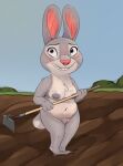  2023 anthro bonnie_hopps breasts disney embarrassed female full-length_portrait fur genitals grey_body grey_fur grey_nipples hi_res hoe holding_object honeymono lagomorph leporid mammal nervous_grin nipples outside portrait public public_nudity pussy rabbit solo standing tools zootopia 