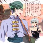  2boys bare_shoulders black_hair diamond_wa_kudakenai earrings facial_mark green_eyes green_hair grey_eyes grey_hair hat headband highres jewelry jojo_no_kimyou_na_bouken kishibe_rohan male_focus mikan03260 motion_lines multiple_boys oyanagi_ken shouting translation_request undercut 