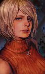  1girl ashley_graham bare_shoulders blonde_hair blue_eyes dark_background hungry_clicker looking_at_viewer orange_sweater parted_lips portrait realistic resident_evil resident_evil_4 resident_evil_4_(remake) short_hair sleeveless solo sweater swept_bangs 