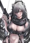  1girl absurdres animal_ears arknights bare_shoulders black_scarf breasts cat_ears cleavage commentary crop_top crossbow grey_hair hair_over_one_eye highres holding holding_crossbow holding_weapon large_breasts long_hair looking_at_viewer midriff navel scarf schwarz_(arknights) simple_background solo stomach upper_body very_long_hair weapon white_background yellow_eyes yujieai 