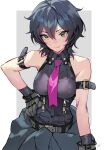  1girl arm_strap belt black_gloves black_hair breasts commission gloves hair_between_eyes hand_on_own_hip highres large_breasts matsuda_(matsukichi) multicolored_hair necktie original pixiv_commission short_hair sleeveless smile solo two-tone_hair yellow_eyes 